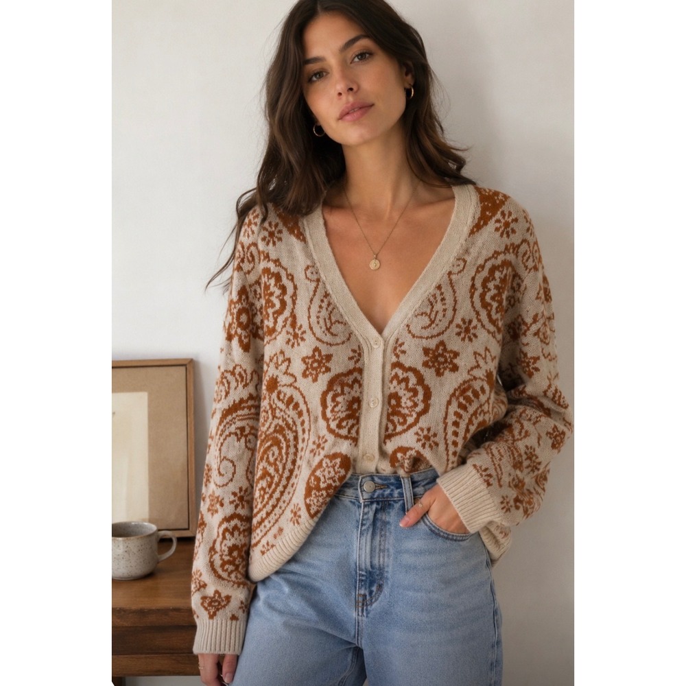 Mango MNG Autumn Paisley Knit Cardigan Sweater Rust Orange Cream Womens XXL.